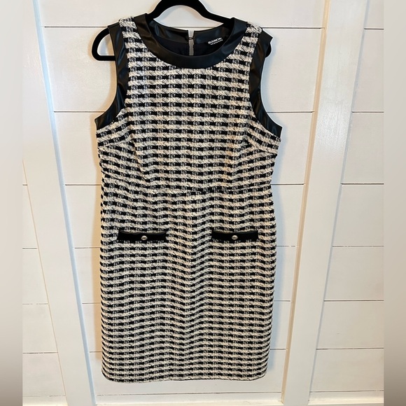 BLOOMCHIC Tweed black white checkered midi woman classic office Dress 14-16 - Picture 1 of 13